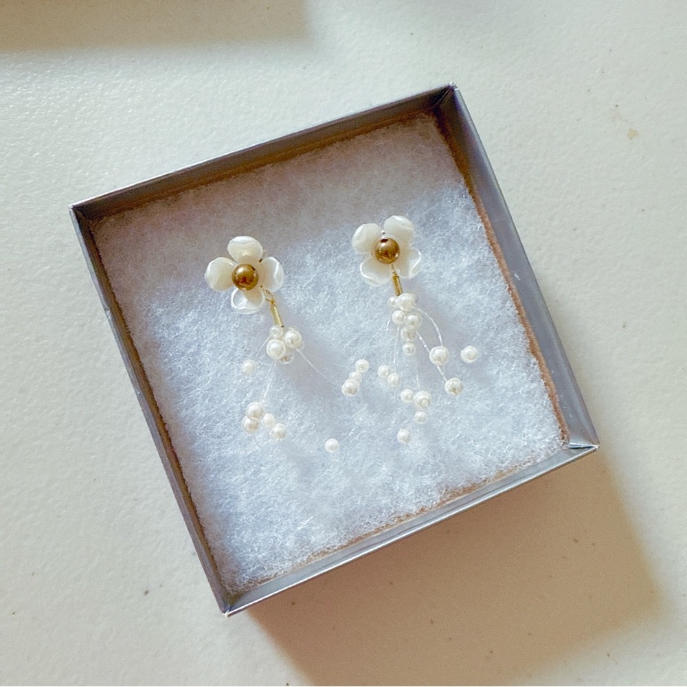Elegant White Pearl Floral Earrings - Picture 2 of 4
